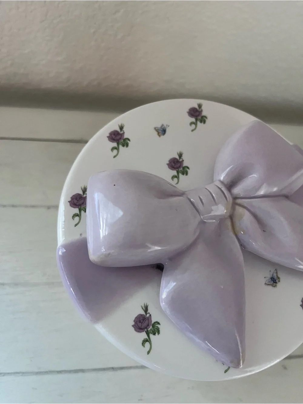 Vintage Teleflora Ceramic Bow Floral Trinket Jewlery Box Decor